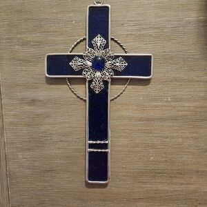 Blue Glass Cross With Silver